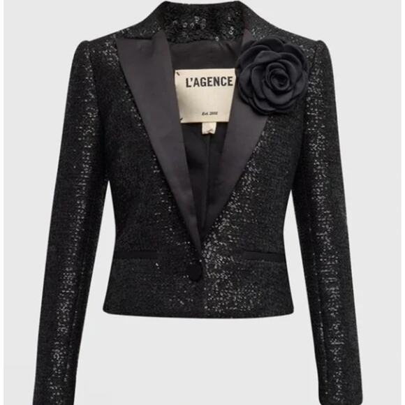 L'Agence Scarlet Black Sequin Cropped Blazer with Rose Pin Size 6 - Picture 1 of 8